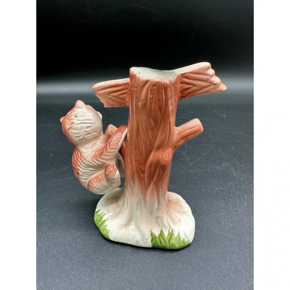 Vintage Bear Tree Trunk Salt Pepper Shaker Set Ceramic Brown Green Kitchen Decor